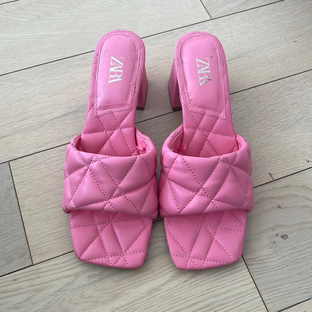 Zara Quilted Puffy Pink Square Toe Heeled Mule Sandal (Size 38)